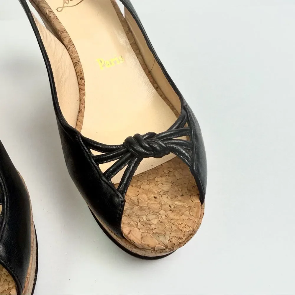 Christian Louboutin Cork Wedges Sandals Black Leather Peep Toe Slingback US 8